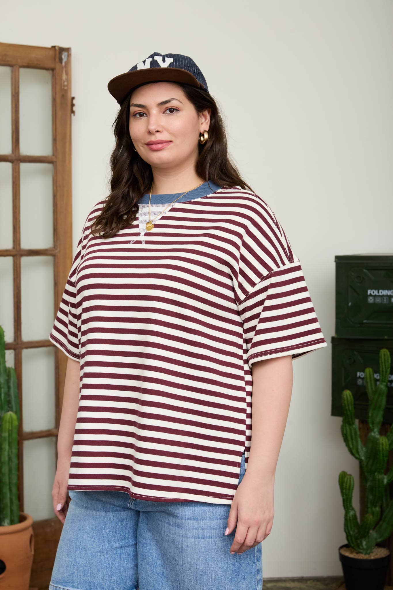 PLUS STRIPE COLORBLOCK DETAIL SHORT SLEEVE KNIT T-SHIRT : BURGUNDY MULTI