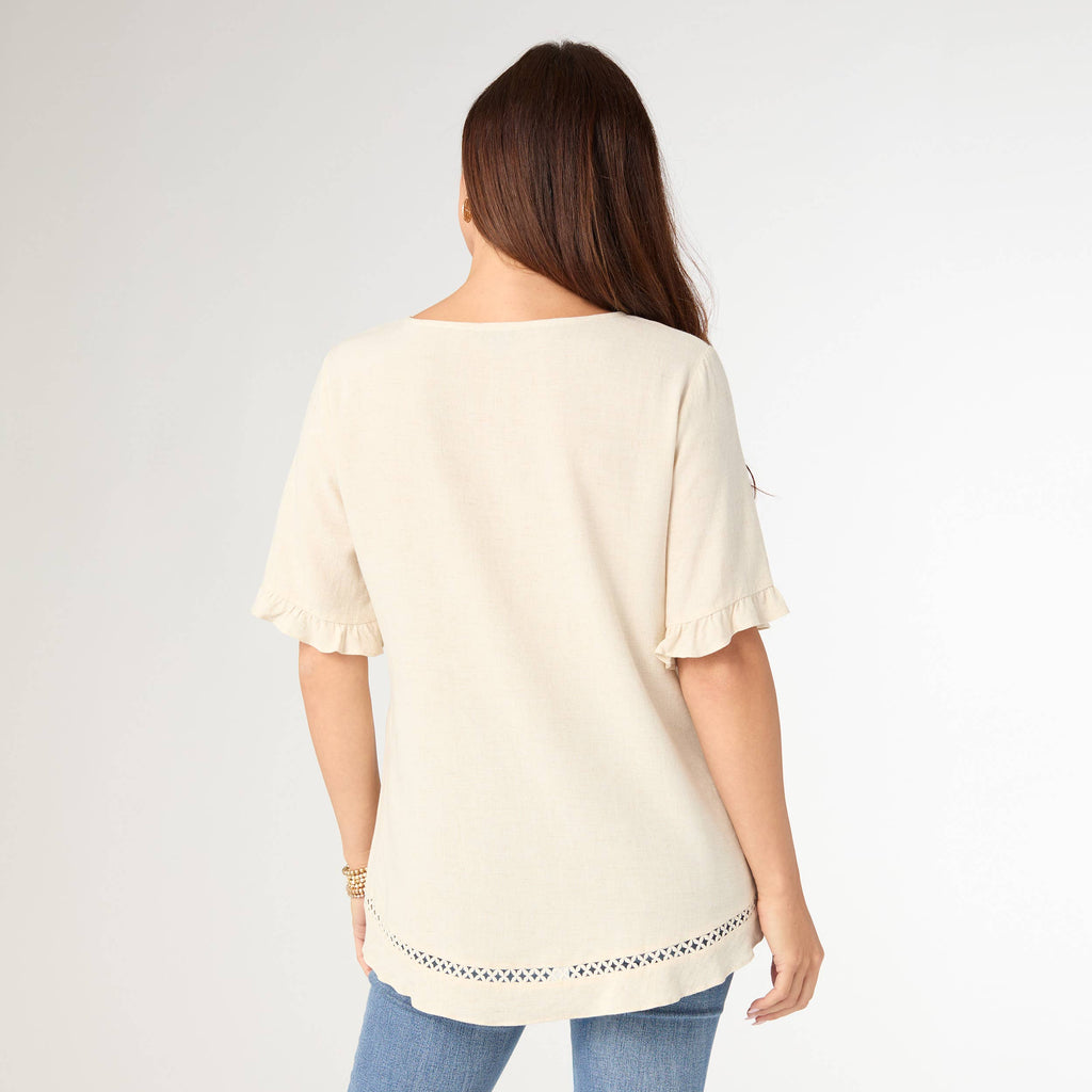 Layla Short Sleeve Crossover Ruffle Top: Natural