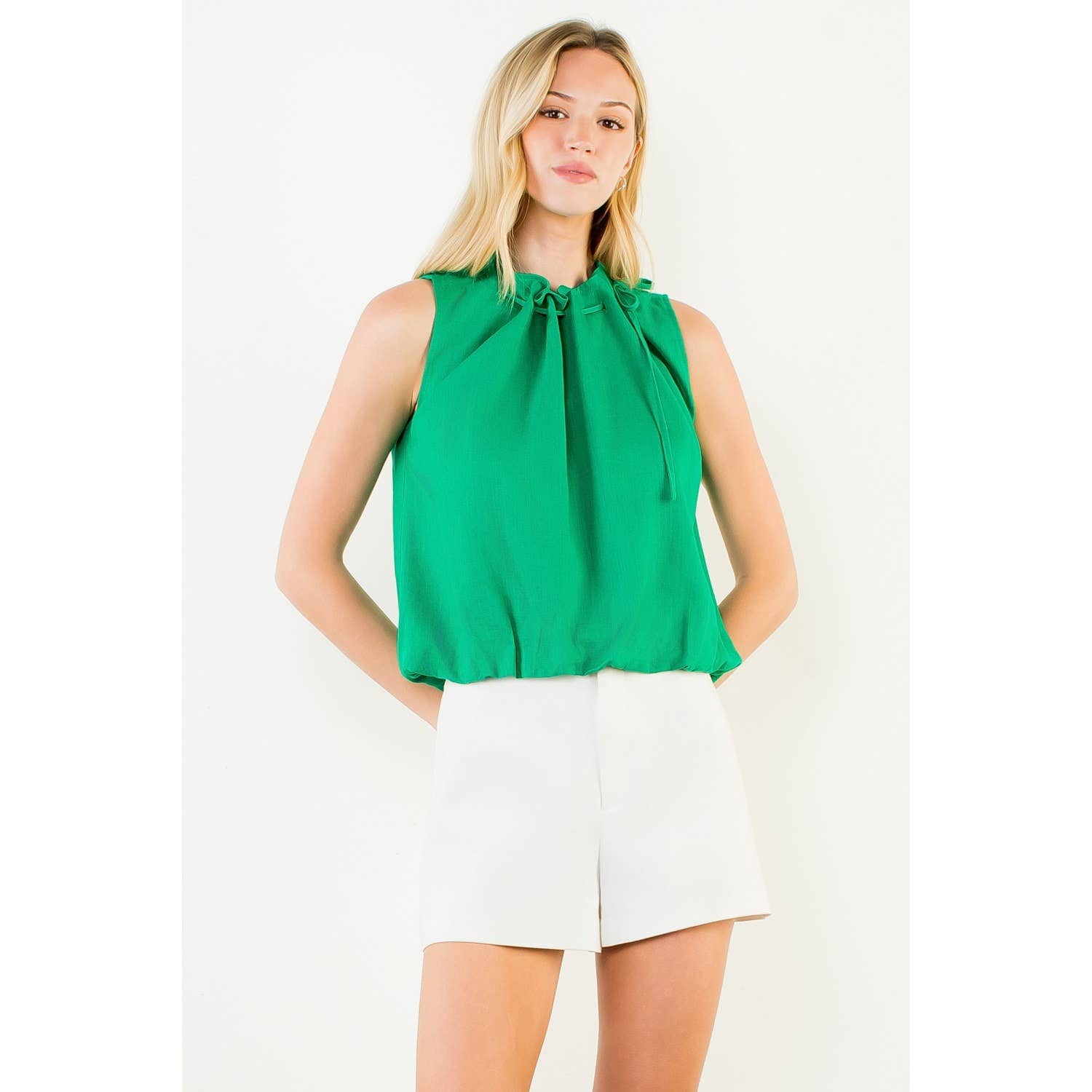 Sleeveless Tie Neck Ruffle Top: GREEN