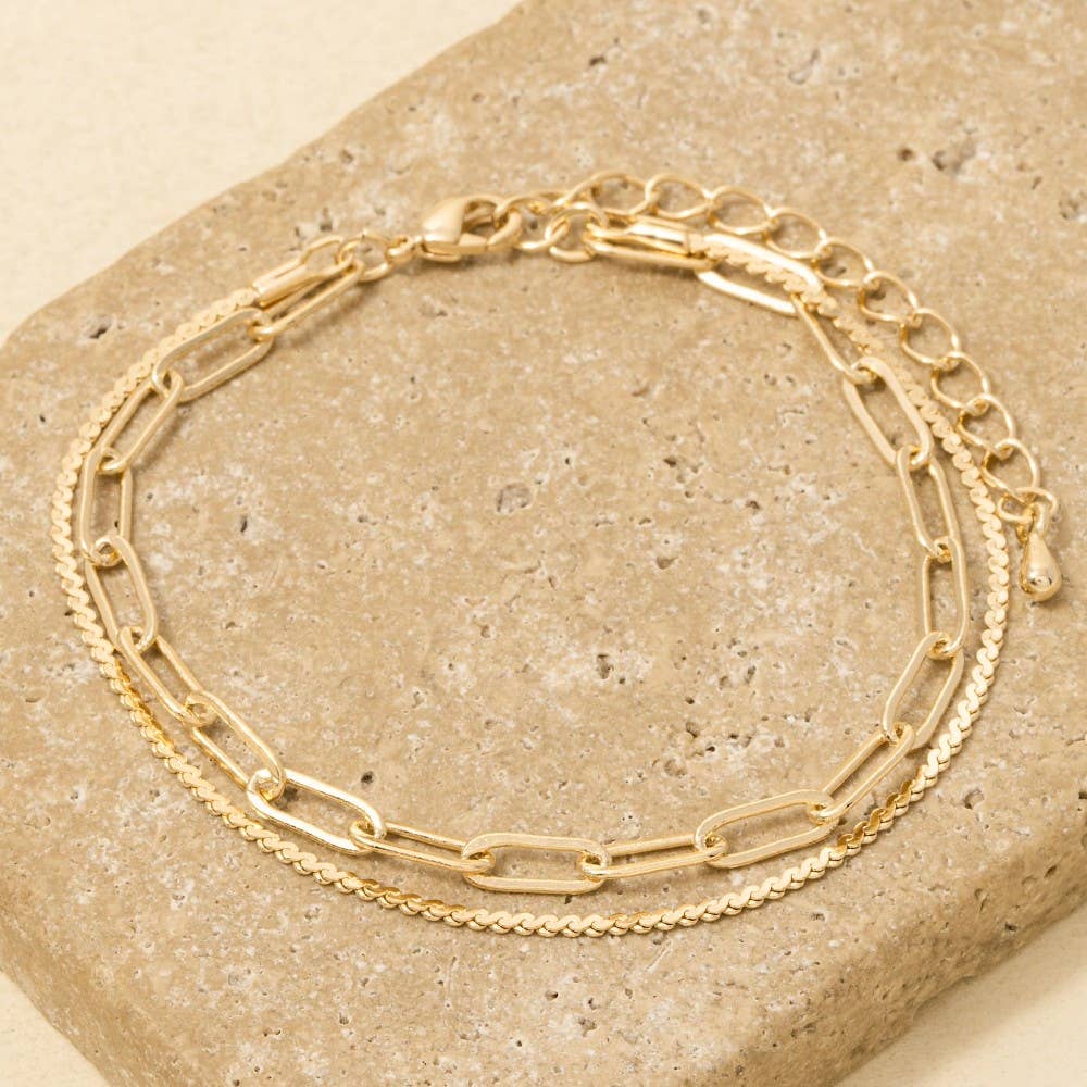 Gold Two Row Rope Chain And Oval Chain Bracelet