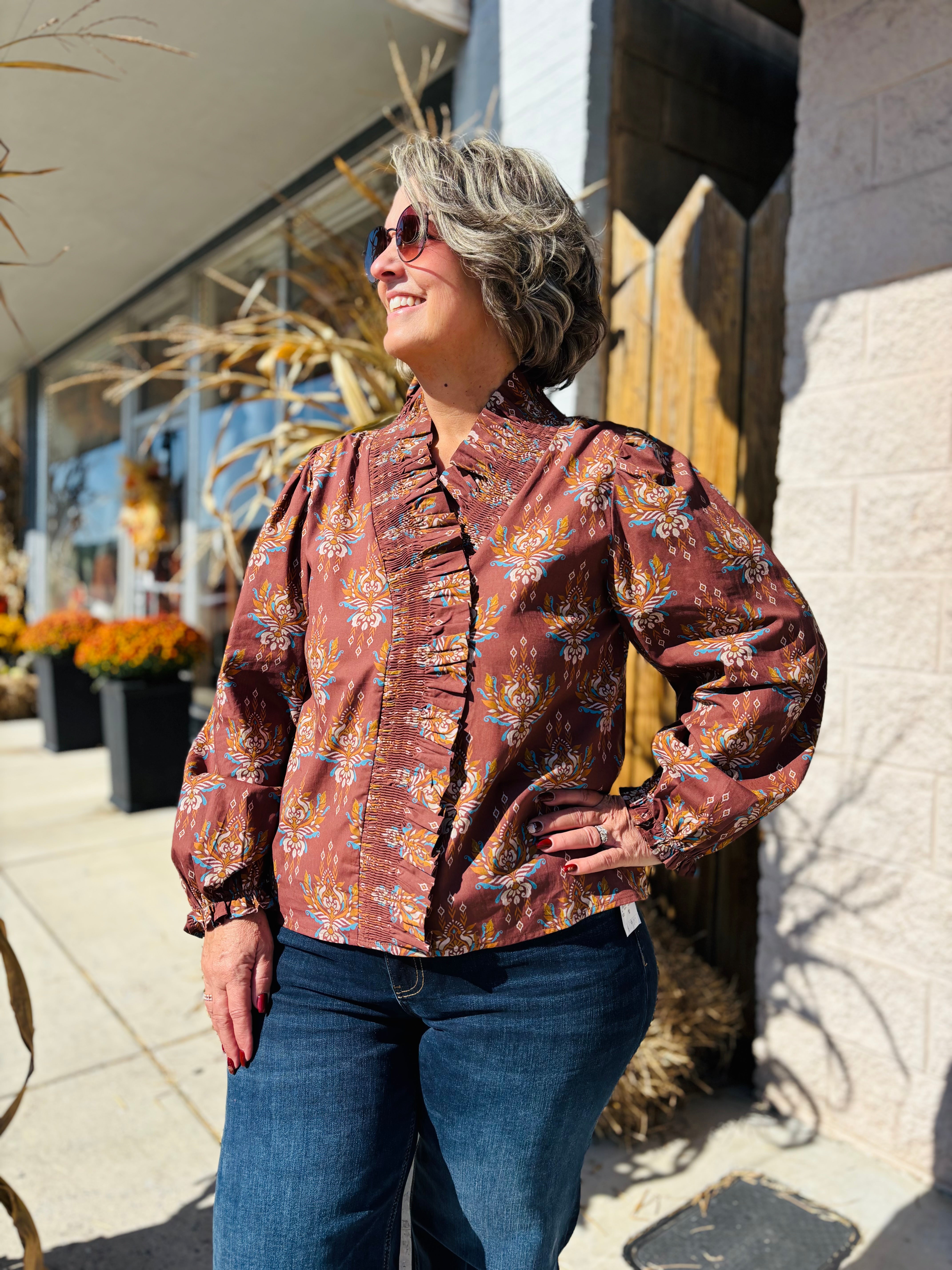 BROWN RUFFLE ACCENT BOHO TOP – BETWEEN THE VINES