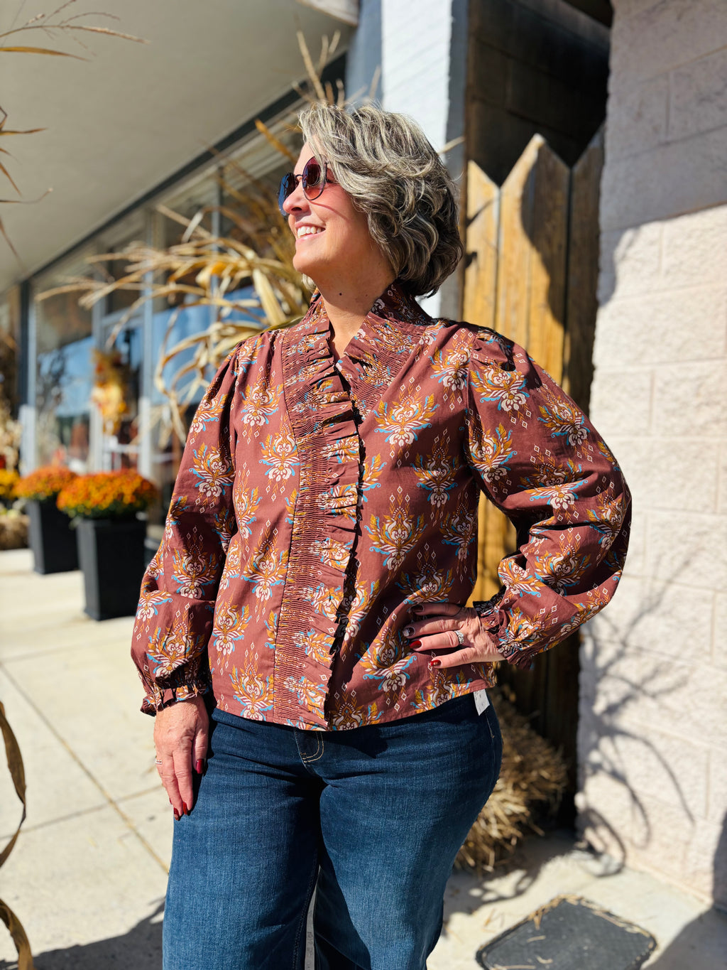 BROWN RUFFLE ACCENT BOHO TOP