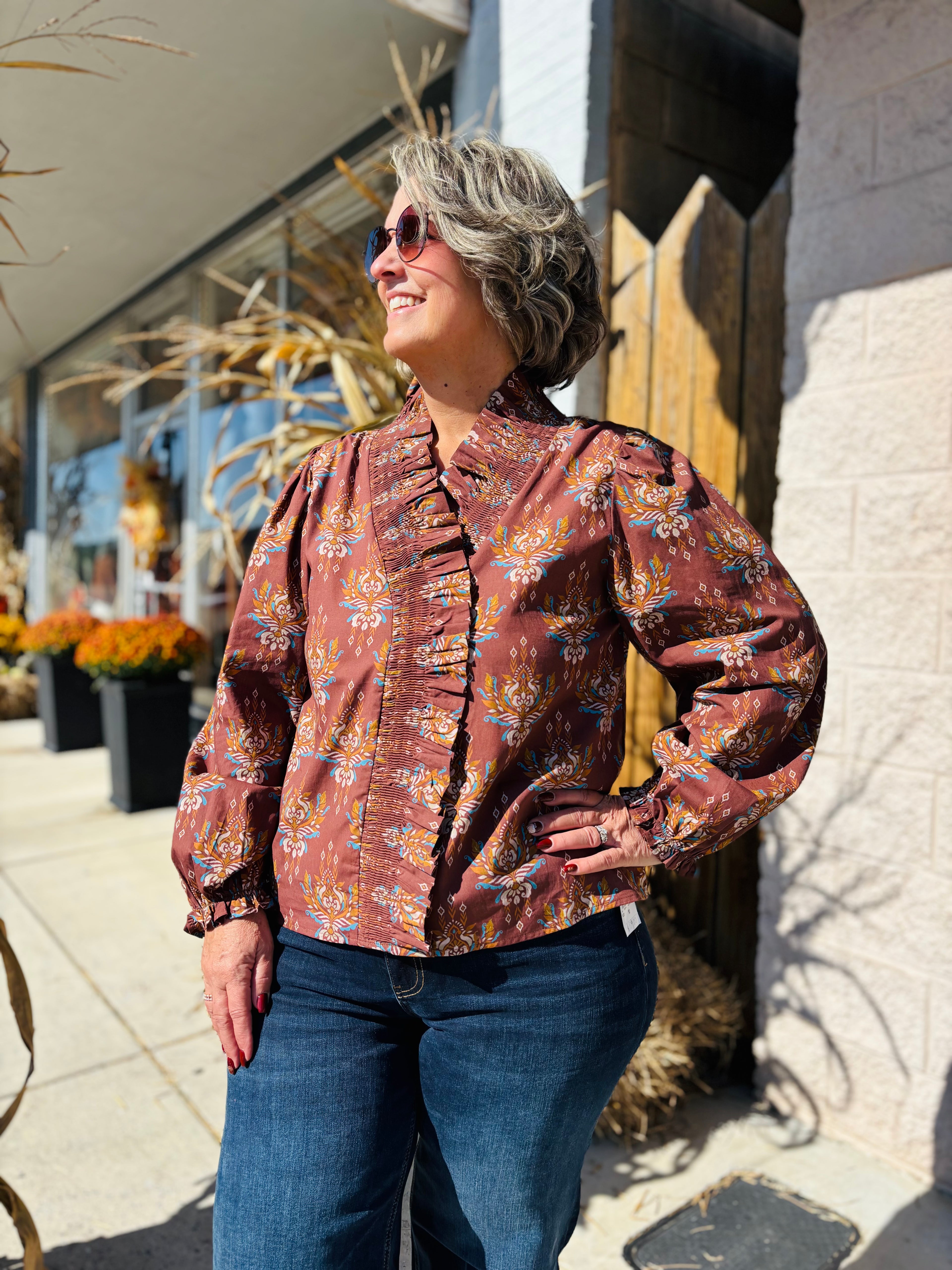 BROWN RUFFLE ACCENT BOHO TOP