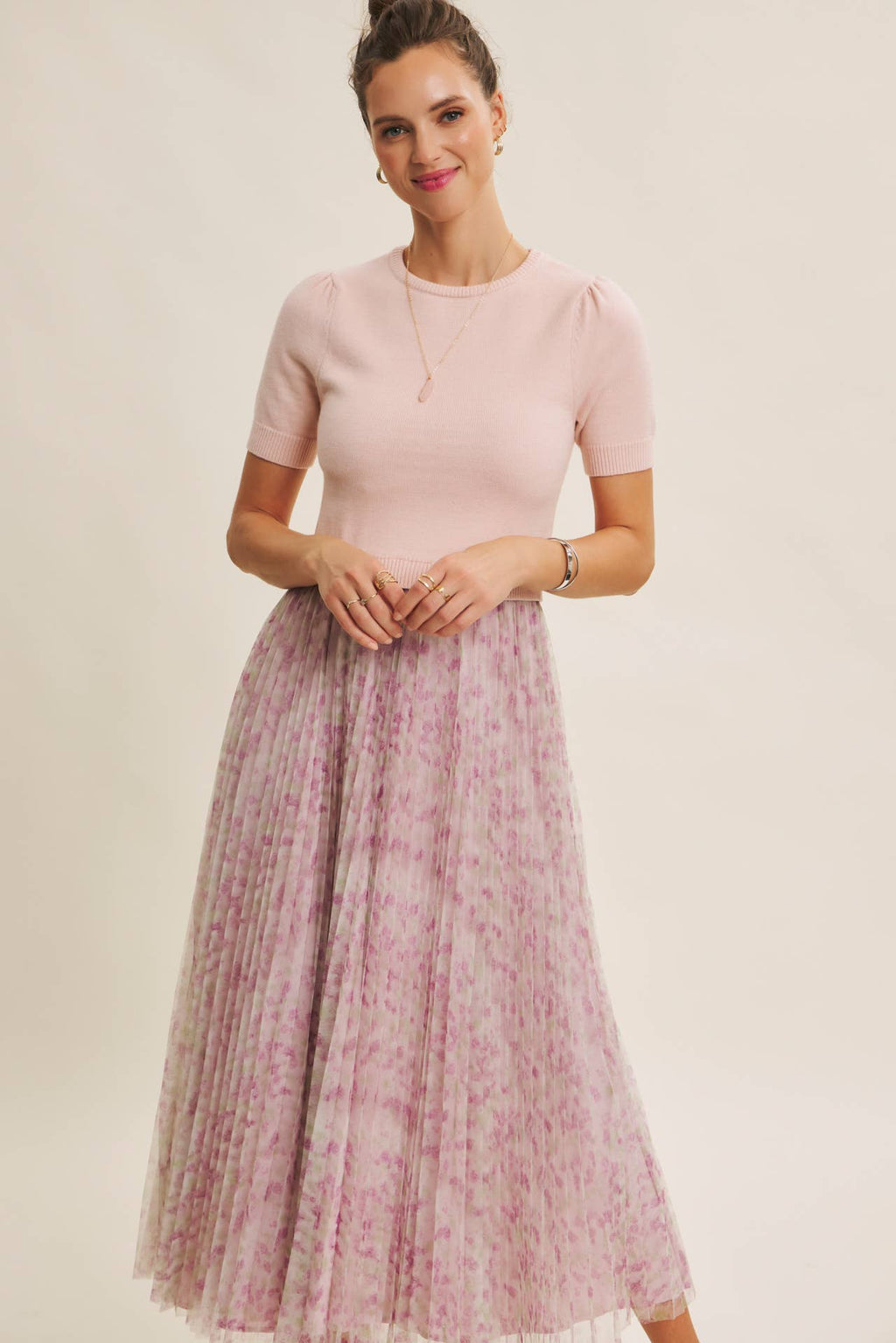 FIELD OF PLEATED WILDFLOWERS SWEATER TWOFER MIDI DRESS: PINK/LILAC