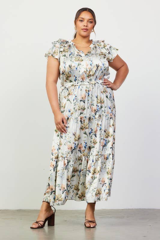 CREAM Floral Print Ruffled Short Sleeve Long Dress