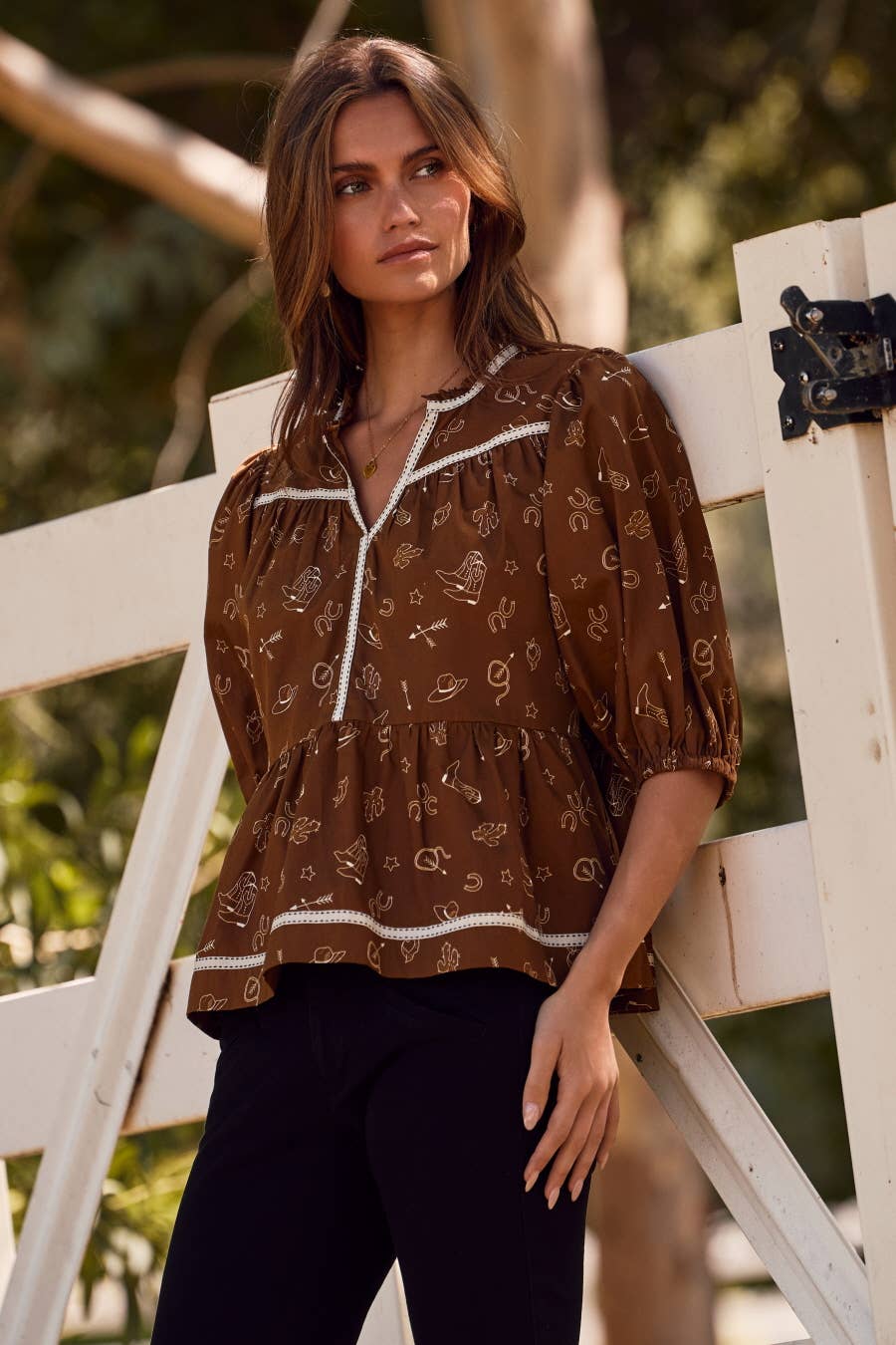 Western Printed Cotton Blouse: Cowboy Multi