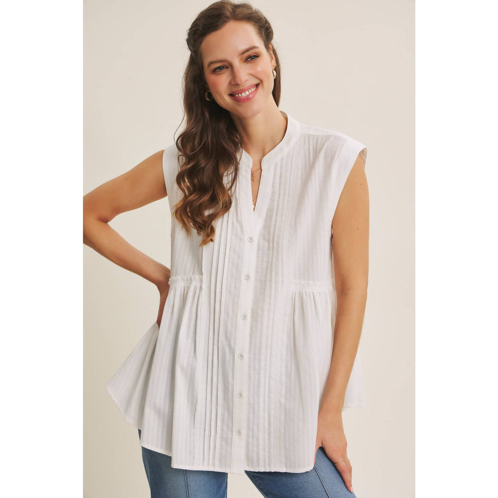 White Ease in Mind Textured Cotton Pleated Tunic Button-Down Shirt