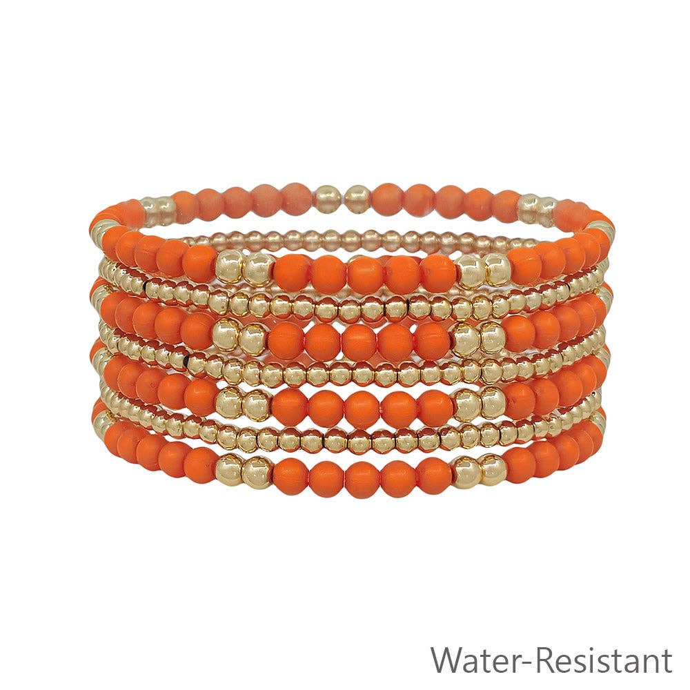 Orange and Gold Beaded Set of 7 Stretch Bracelets