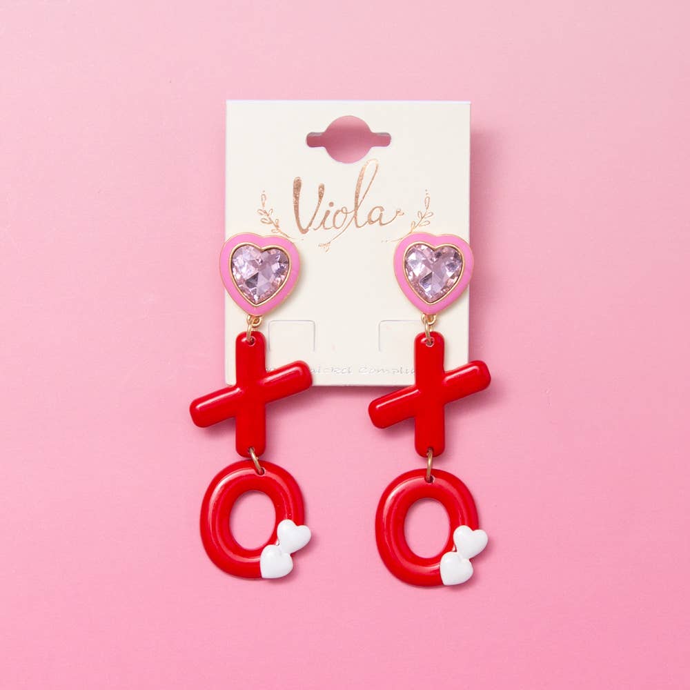 XO Post Dangle Earrings with Heart Shaped Crystal Top: Pink