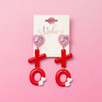 XO Post Dangle Earrings with Heart Shaped Crystal Top: Pink