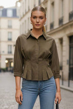 CHOCOLATE DART DETAIL 3/4 STEEVE BUTTON DOWN BLOUSE