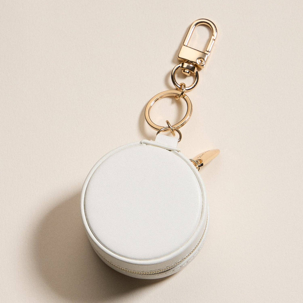 Mini Round Jewelry Travel Case with Keychain – White & Pink Bow Design: IV / ONE