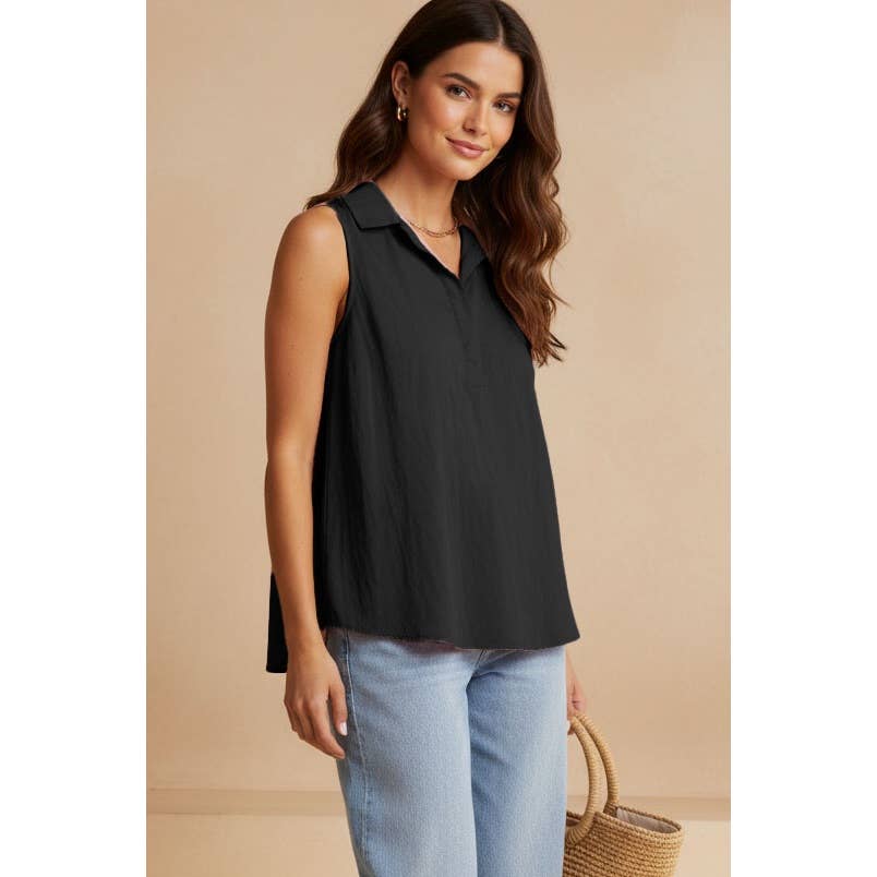 BLACK Sleeveless Collared Half Placket Top