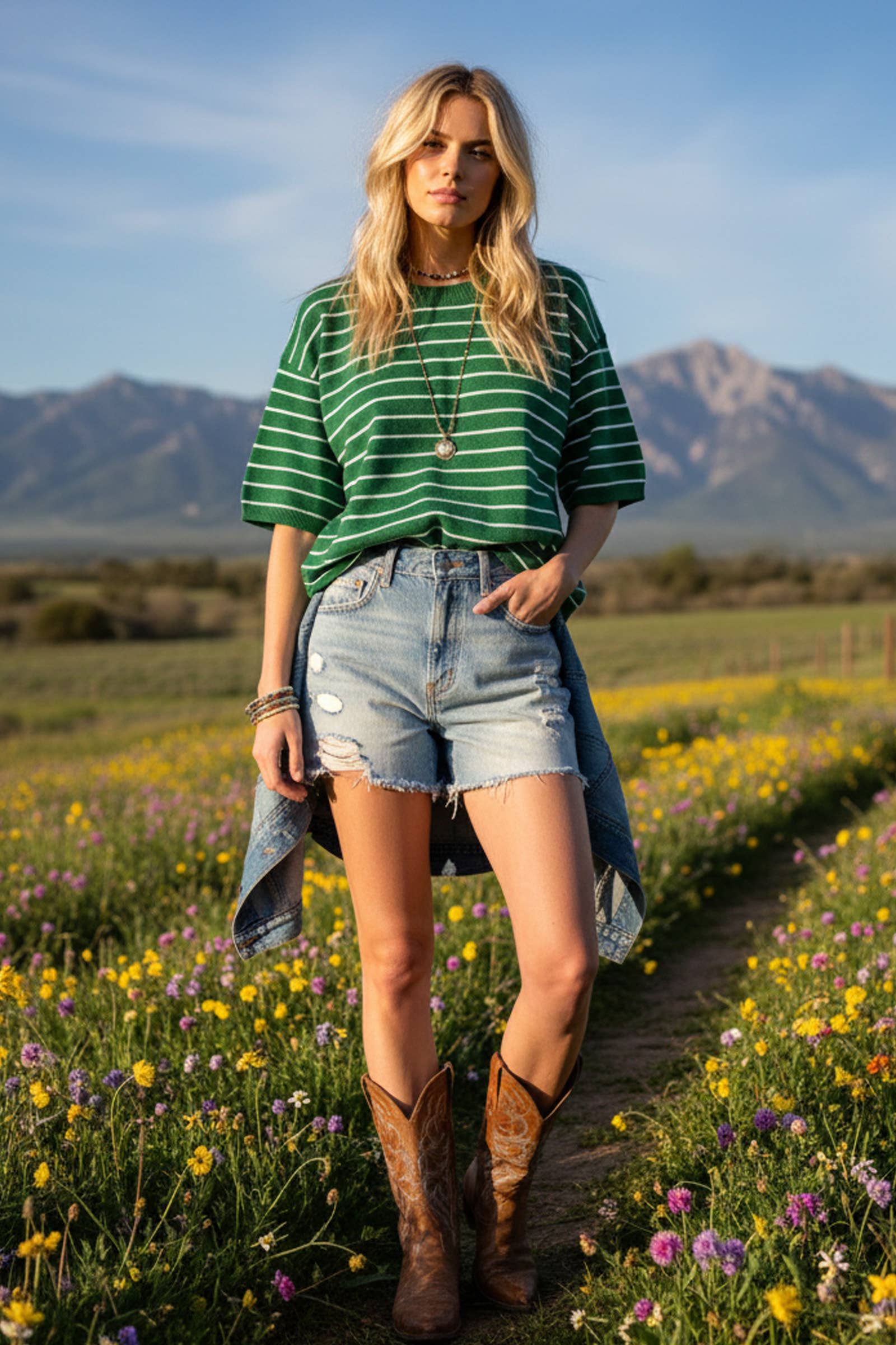 GRREN/WHITE Oversized Striped Knit Short Sleeve Top