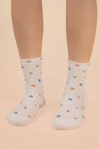 Floral Printed Textures Crew Socks: CREAM