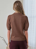 Ribbed Short Sleeve Polo Knit Top