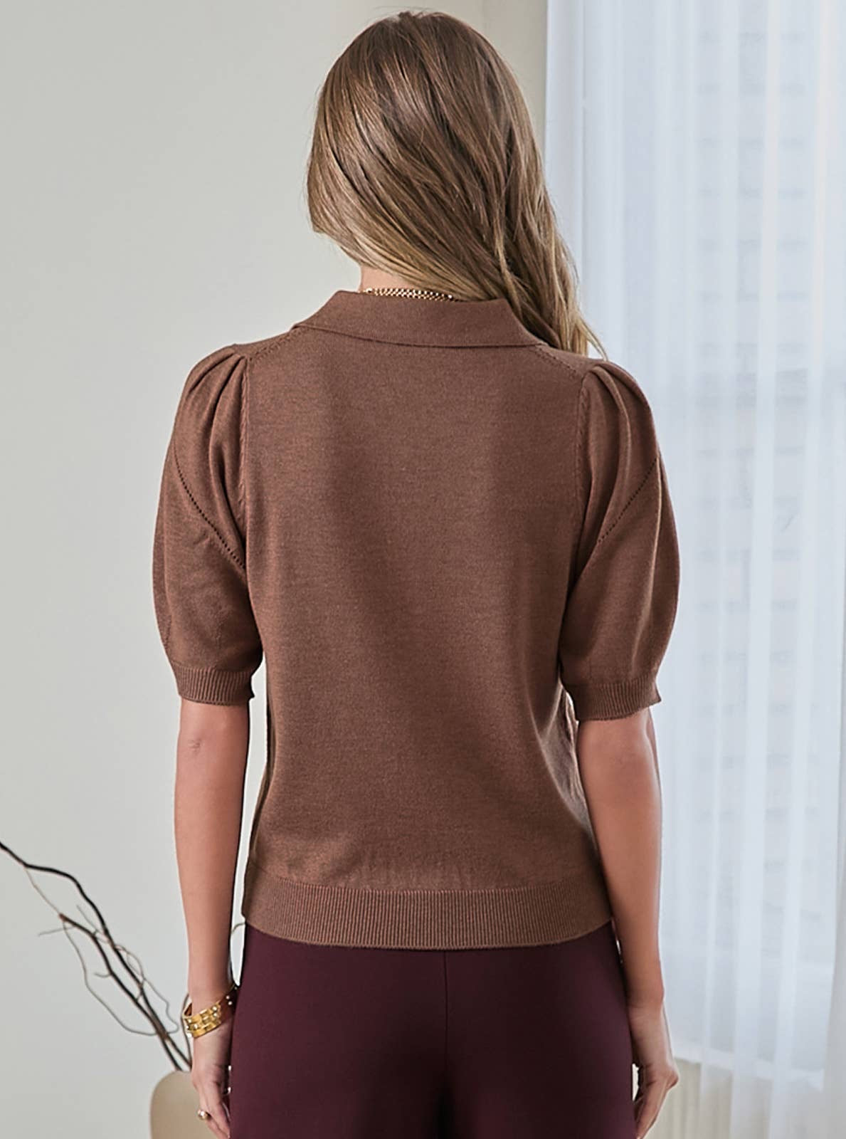 Ribbed Short Sleeve Polo Knit Top