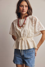 ASH Lace Cape Sleeve Cotton Peplum Top