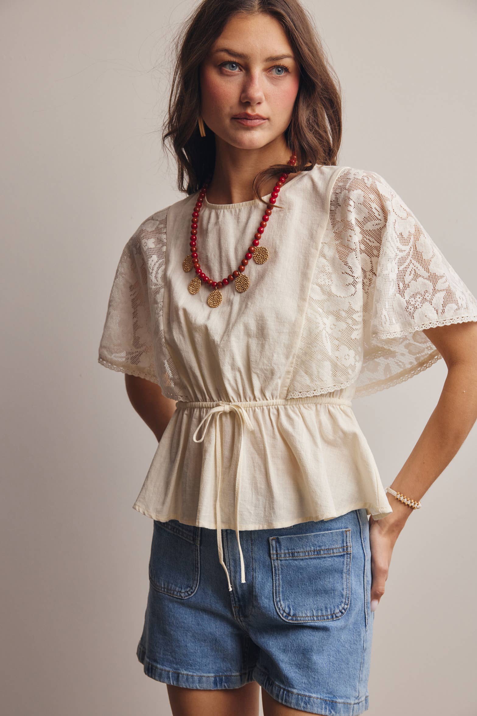 ASH Lace Cape Sleeve Cotton Peplum Top