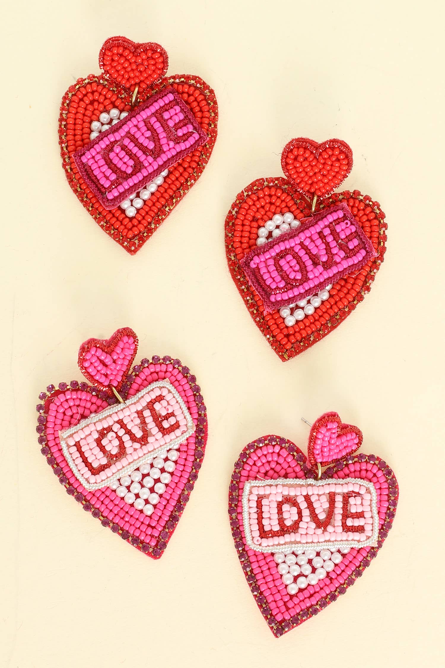 Heart Love Bead Embellished Earrings : Red