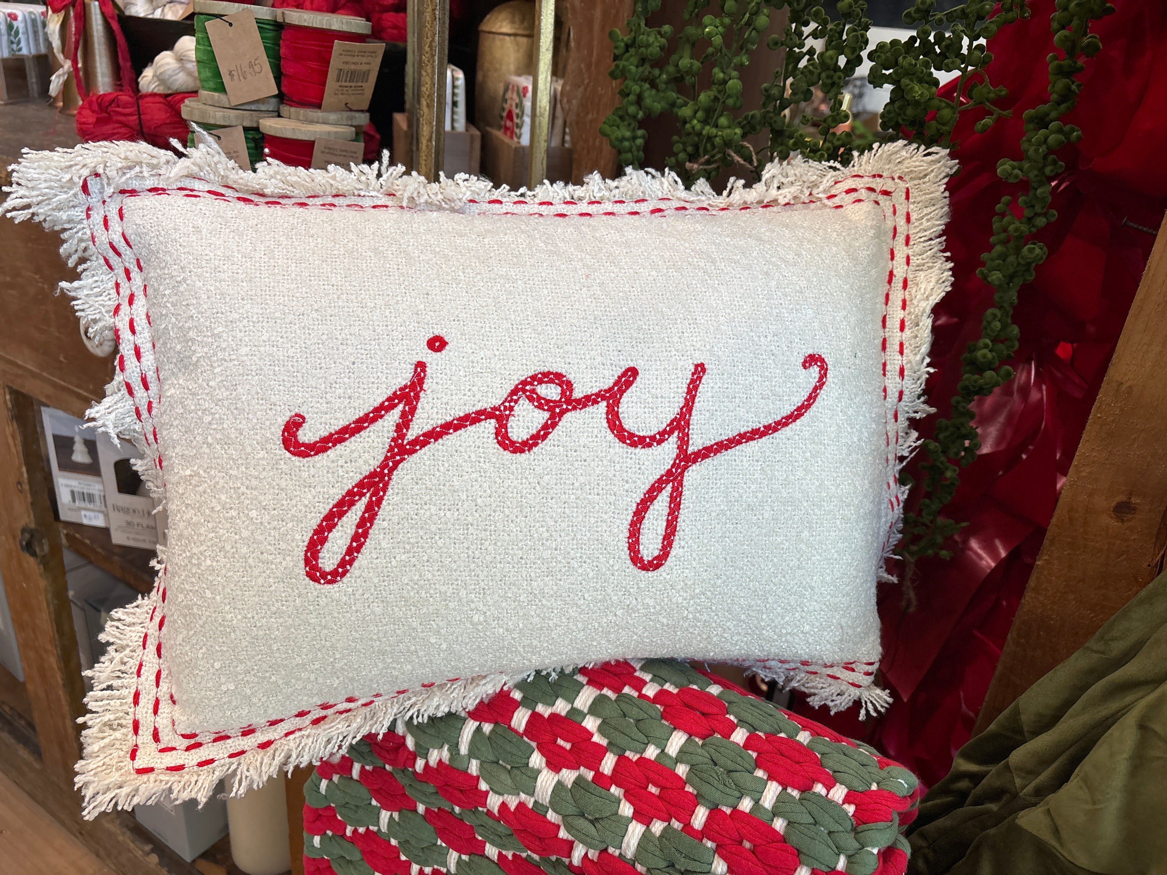 Joy with red embroidery/ cream pillow