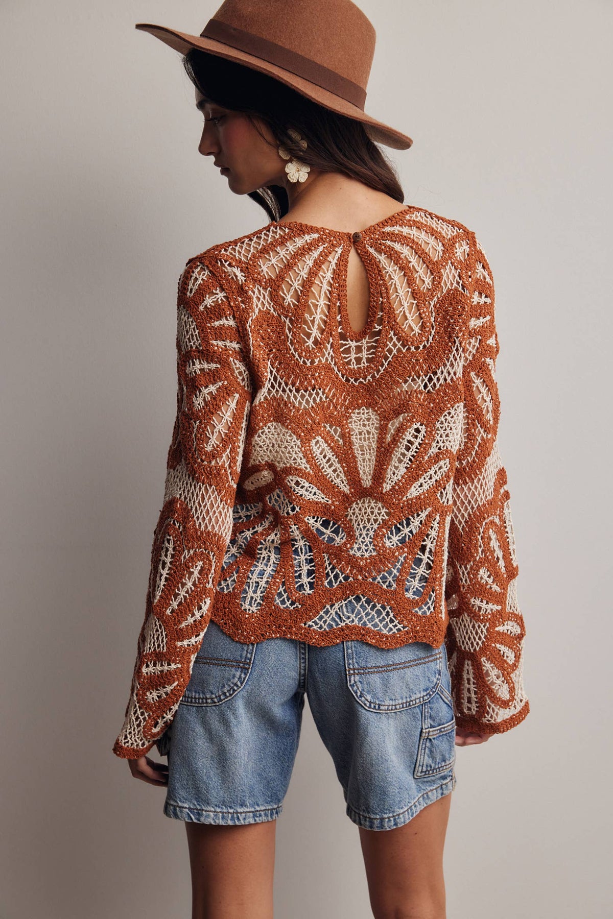 RUST Crochet Floral Pattern Sweater