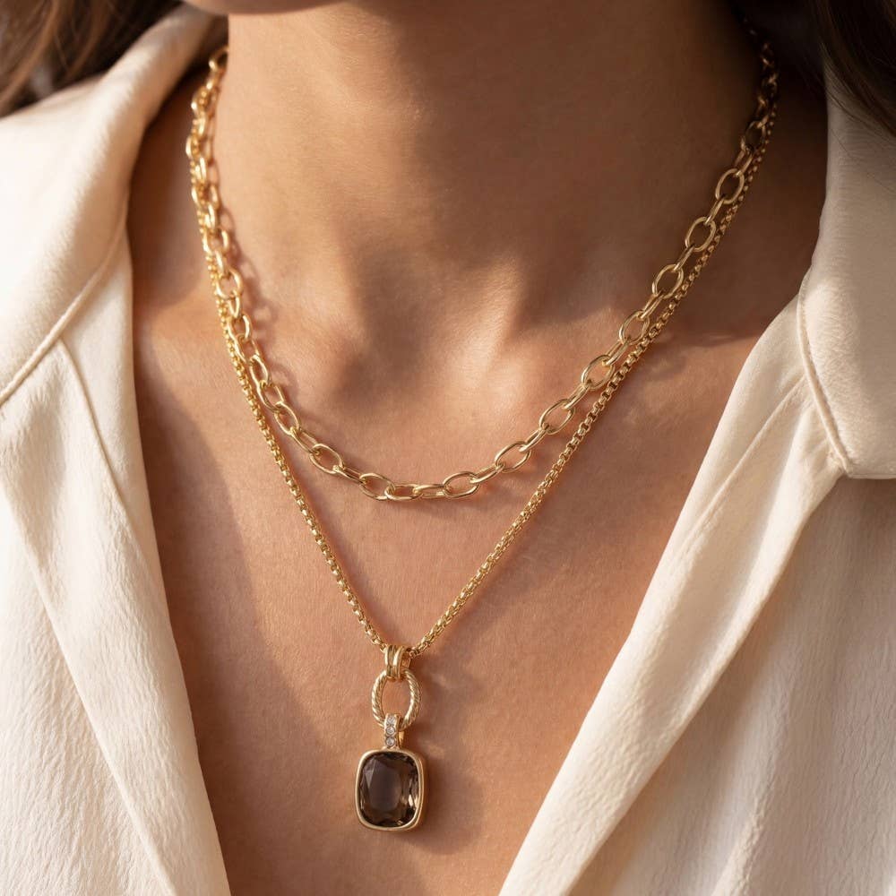 Double Layered Chain Crystal Square Pendant Necklace: GEMR