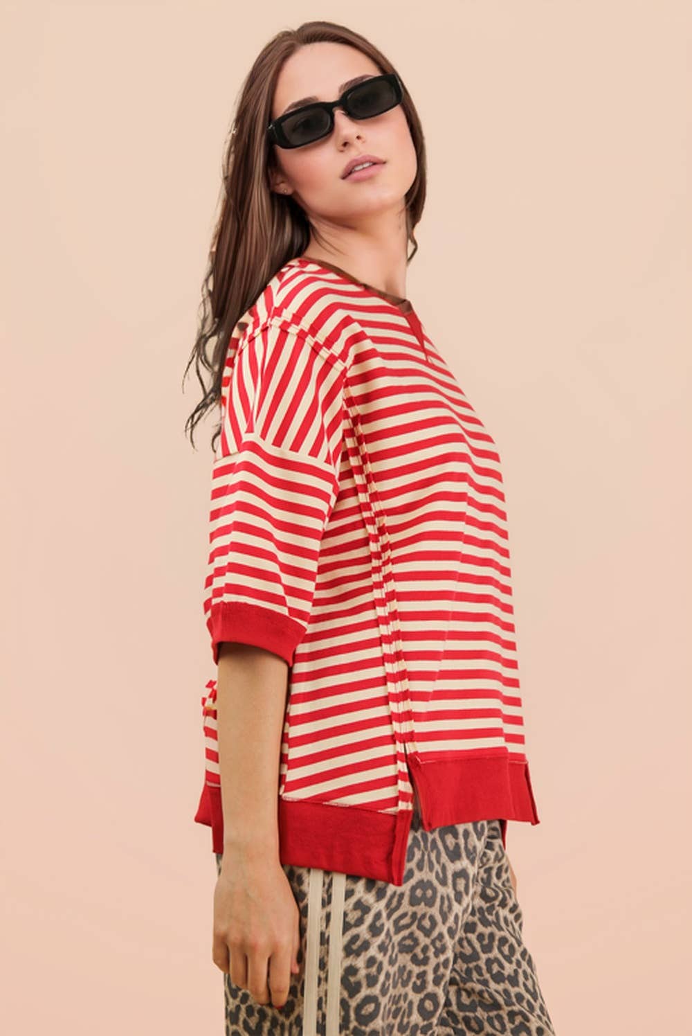 RED/CREAM Oversized Stripe Casual Knit Top