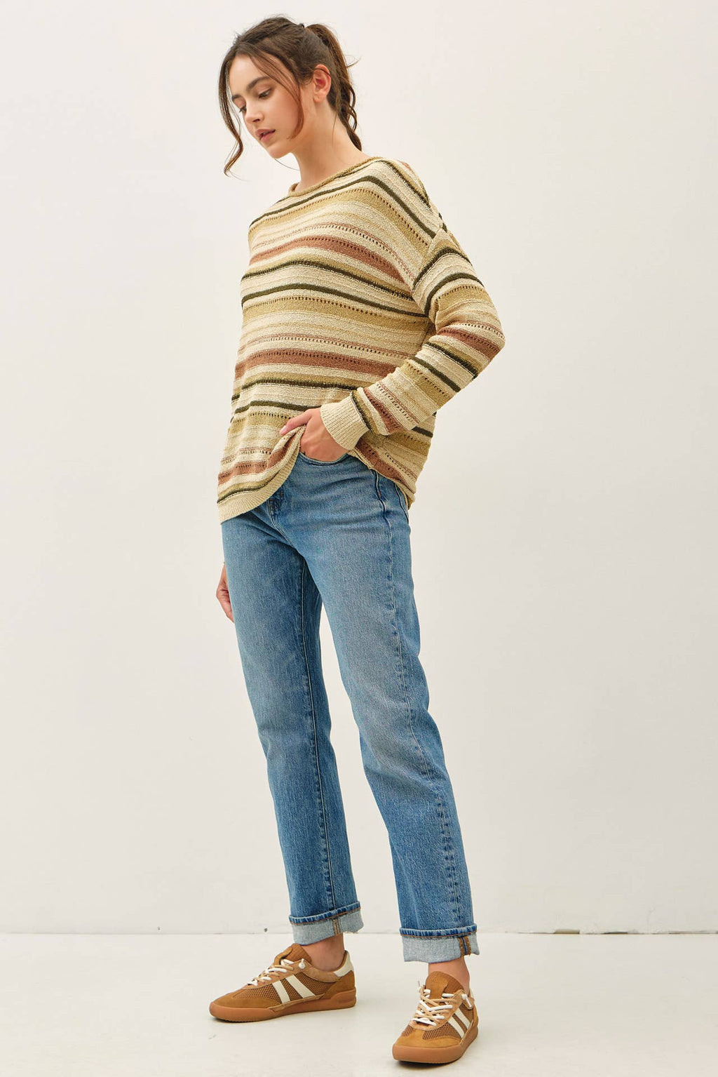 AVACADO BREEZY KNIT MULTI STRIPED LONG SLEEVE SWEATER
