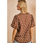 DK MOCHA/IVORY POLKA DOT PRINTED WOVEN RUFFLED V NECK TOP