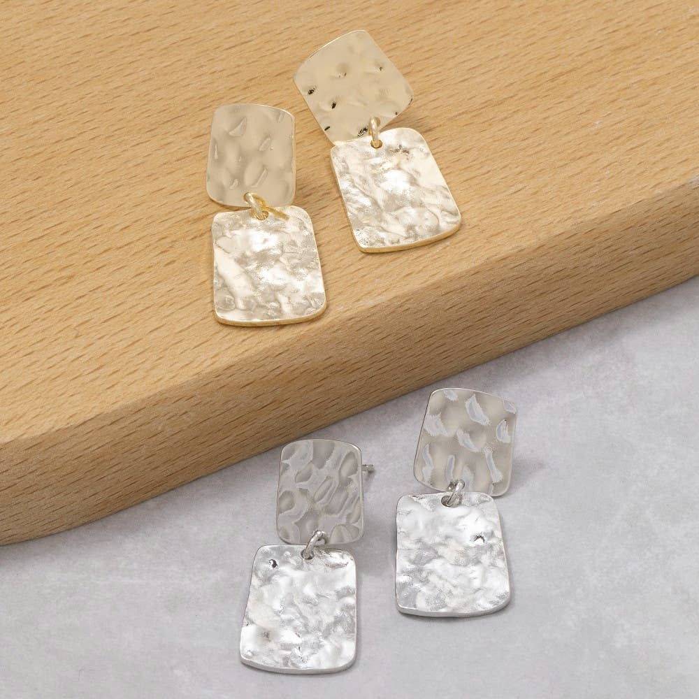 Silver Flat Hammered Squares Stud Dangle Earrings