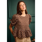 BROWN/IVORY POLKA DOT BOW DETAIL SHORT SLEEVES PEPLUM TOP