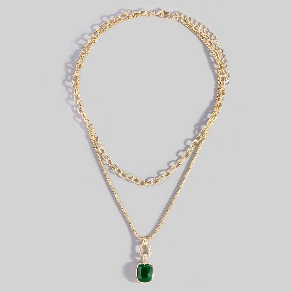 Double Layered Chain Crystal Square Pendant Necklace: GEMR