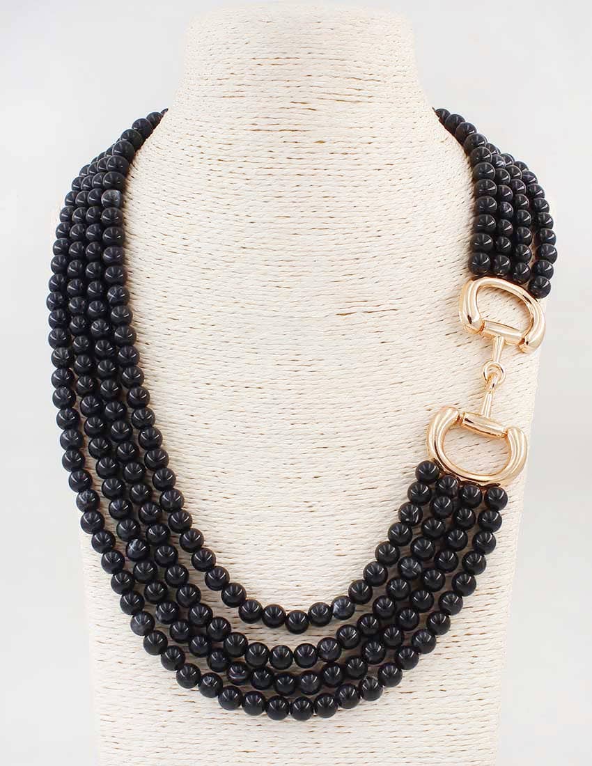Multi Strand Black Beaded with Gold Horsebit 20" Necklace