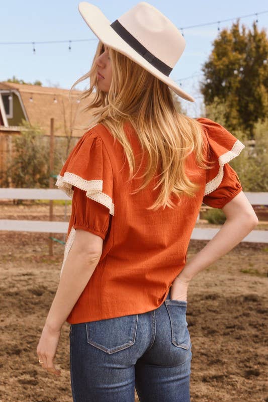 Plus Embroidery Ruffle Blouse: Rust