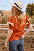 Plus Embroidery Ruffle Blouse: Rust