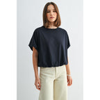 NAVY Ballon Sleeve Elastic Hem Knit Top
