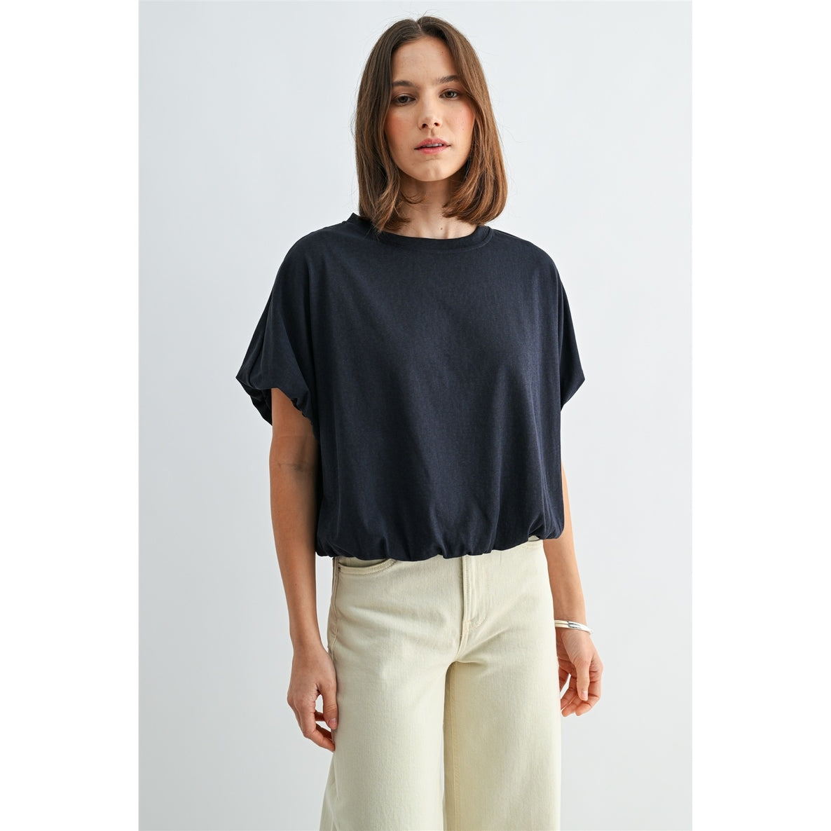 NAVY Ballon Sleeve Elastic Hem Knit Top