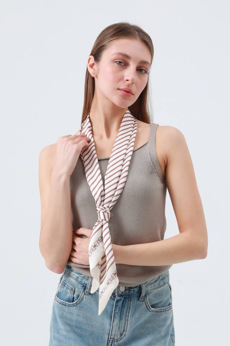 Cream Striped Satin Silky Skinny Scarf – Leto Accessories – view 2