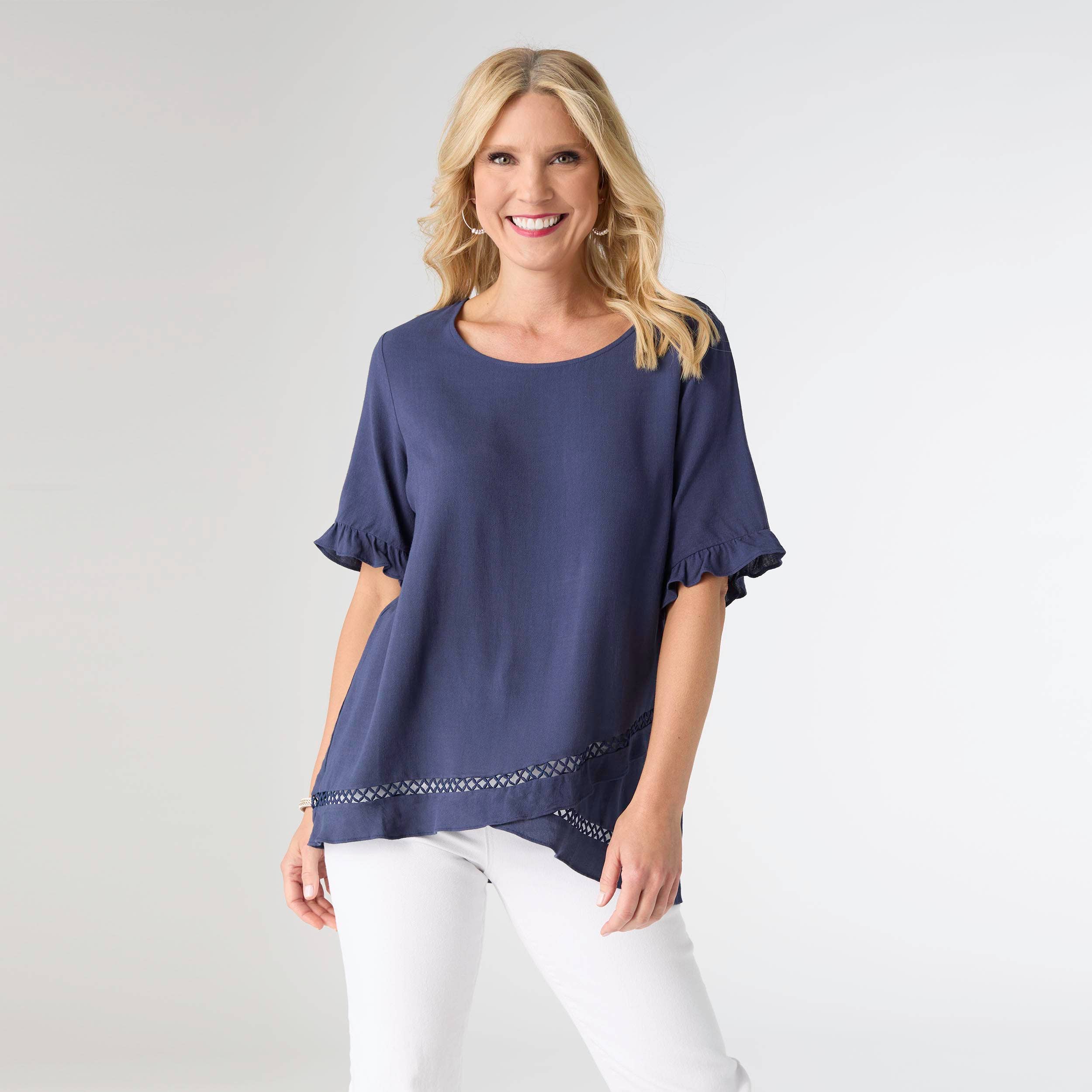 Layla Short Sleeve Crossover Ruffle Top: Patriot Blue