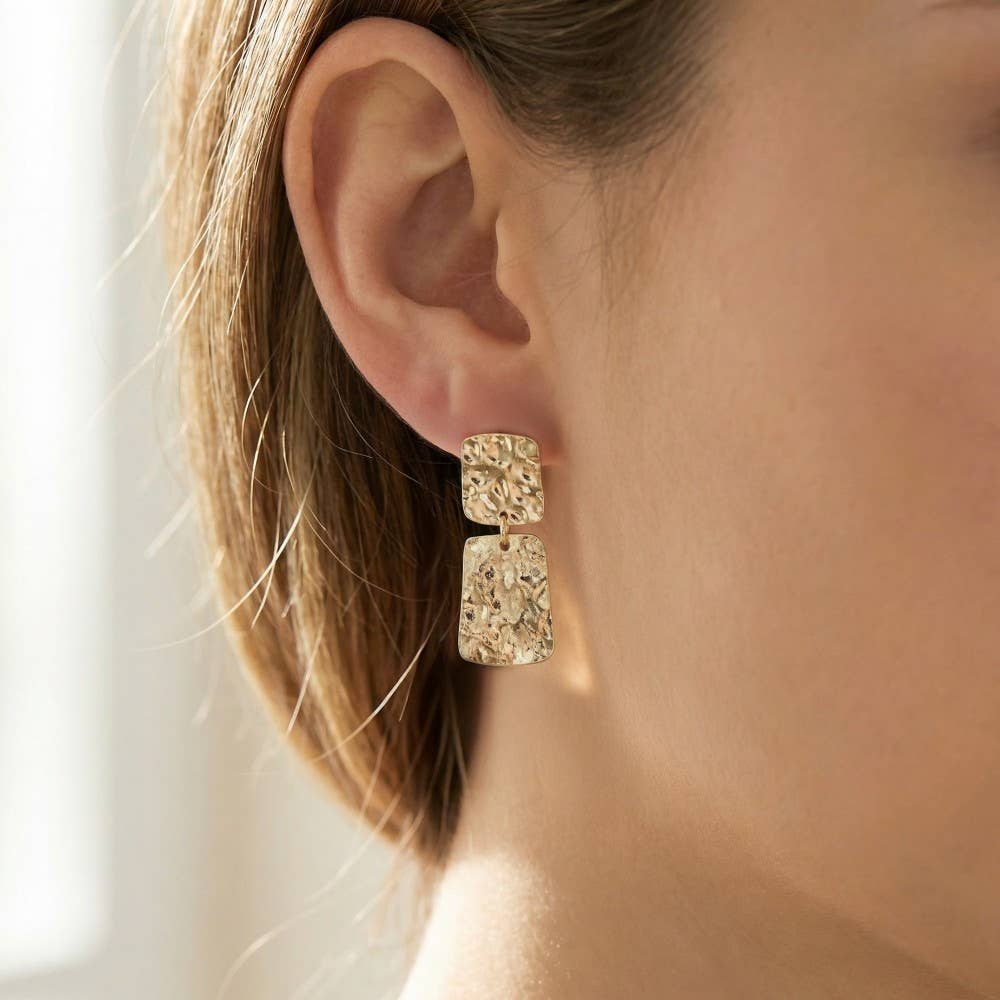 Silver Flat Hammered Squares Stud Dangle Earrings