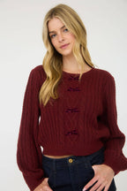BURGUNDY CABLE KNIT FRONT VELVET BOW DETAIL KNIT SWEATER