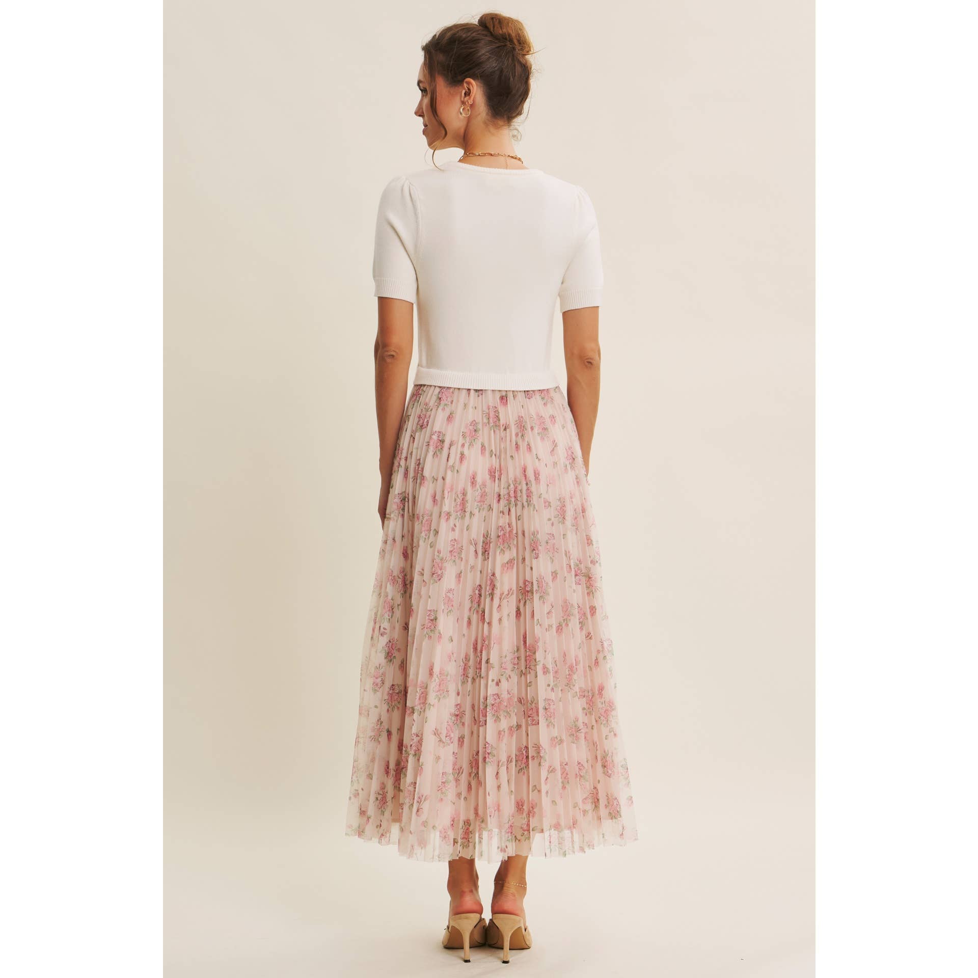 FIELD OF PLEATED WILDFLOWERS SWEATER TWOFER MIDI DRESS: PINK/LILAC
