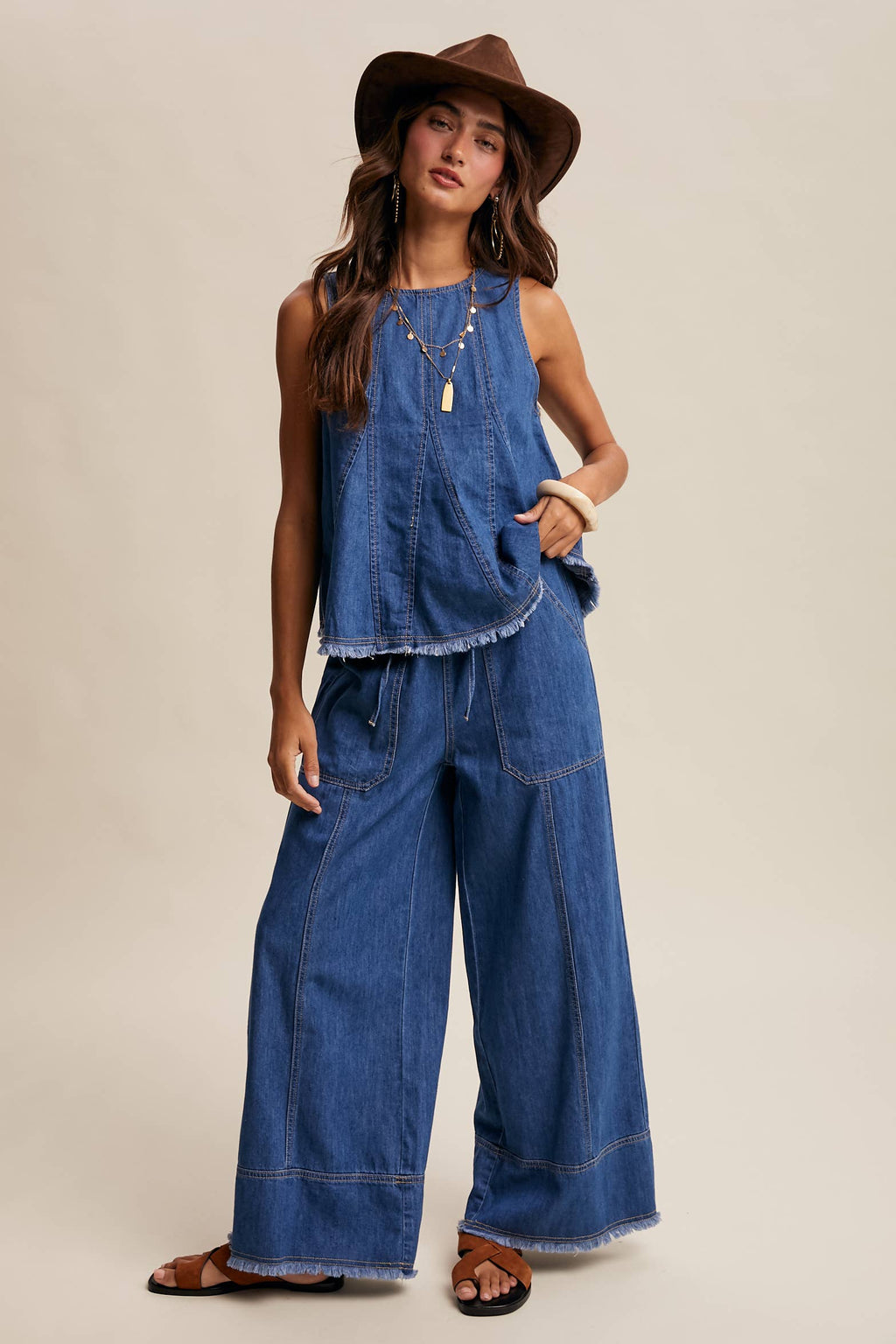 Blue Haze Washed Denim Tank & Wide-Leg Pants Set