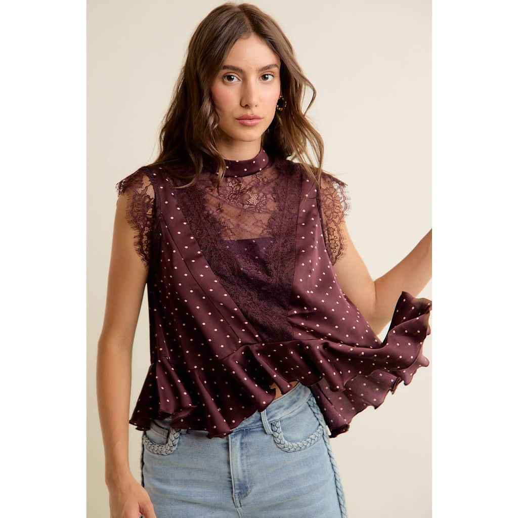 WINE POLKA DOT SATIN LACE TRIM RUFFLED HIGH NECK BLOUSE TOP