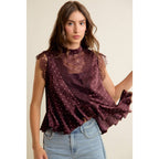 WINE POLKA DOT SATIN LACE TRIM RUFFLED HIGH NECK BLOUSE TOP