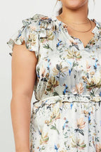 CREAM Floral Print Ruffled Short Sleeve Long Dress