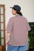 PLUS STRIPE COLORBLOCK DETAIL SHORT SLEEVE KNIT T-SHIRT : BURGUNDY MULTI
