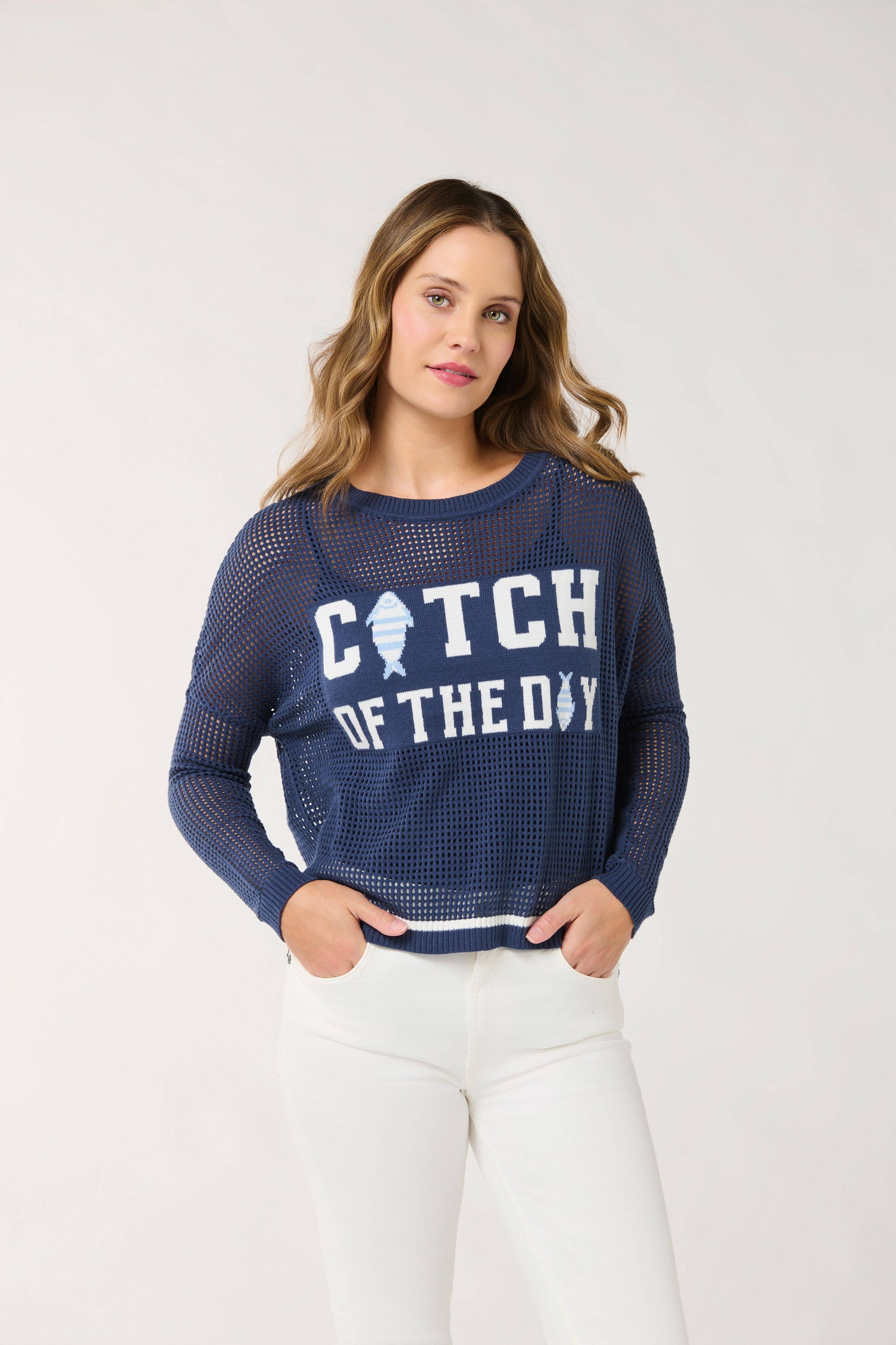 "CATCH OF THE DAY" MESH SWEATER
