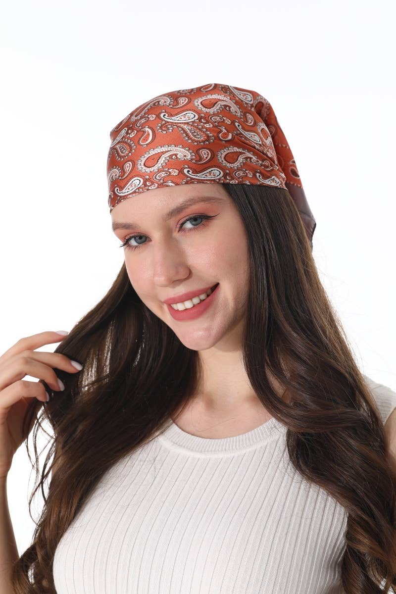 BURNT ORANGE Vintage Paisley Satin Square Scarf Multi-use Neck Bandana